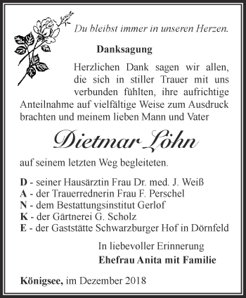 Traueranzeige von Dietmar Löhn von Ostthüringer Zeitung