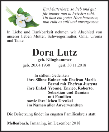 Traueranzeige von Dora Lutz von Ostthüringer Zeitung