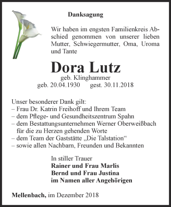 Traueranzeige von Dora Lutz von Ostthüringer Zeitung