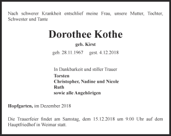 Traueranzeige von Dorothee Kothe von Thüringer Allgemeine, Thüringische Landeszeitung