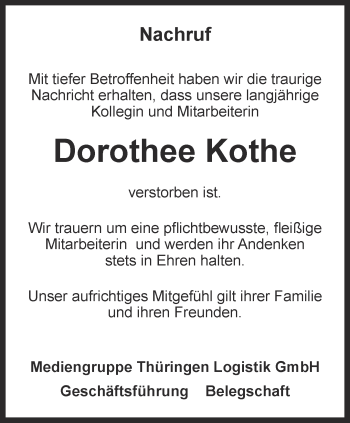 Traueranzeige von Dorothee Kothe von Thüringer Allgemeine, Thüringische Landeszeitung