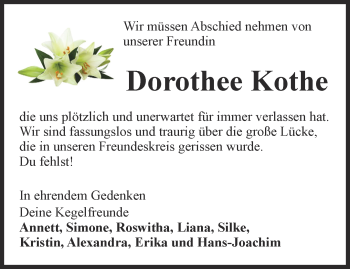 Traueranzeige von Dorothee Kothe von Thüringer Allgemeine, Thüringische Landeszeitung
