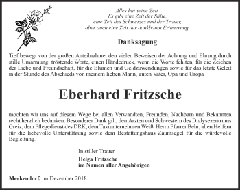 Traueranzeige von Eberhard Fritzsche von Ostthüringer Zeitung