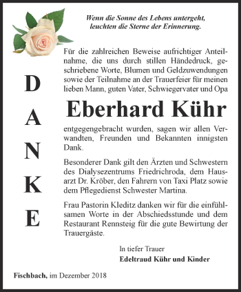 Traueranzeige von Eberhard Kühr von Ostthüringer Zeitung, Thüringische Landeszeitung