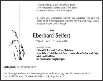 Traueranzeige von Eberhard Seifert von Ostthüringer Zeitung