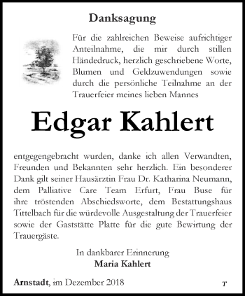 Traueranzeige von Edgar Kahlert von Thüringer Allgemeine