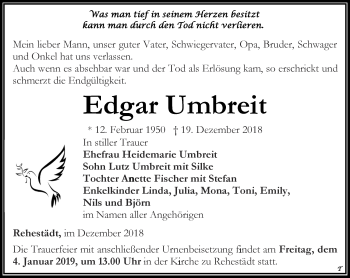 Traueranzeige von Edgar Umbreit von Thüringer Allgemeine