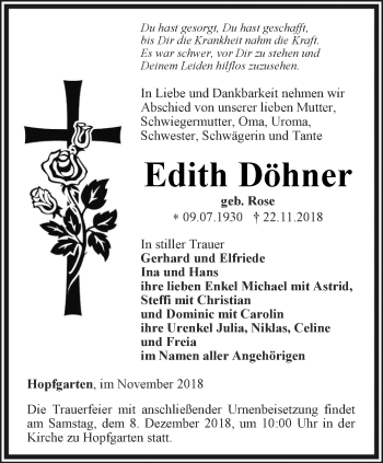 Traueranzeige von Edith Döhner von Thüringer Allgemeine, Thüringische Landeszeitung