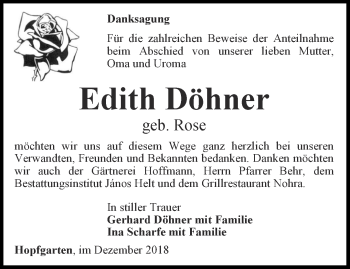 Traueranzeige von Edith Döhner von Thüringer Allgemeine, Thüringische Landeszeitung