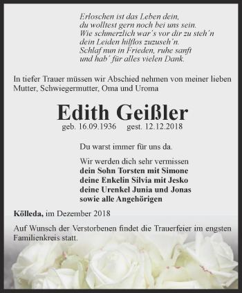 Traueranzeige von Edith Geißler von Thüringer Allgemeine