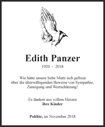 Traueranzeige von Edith Panzer von Ostthüringer Zeitung