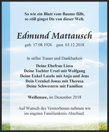 Traueranzeige von Edmund Mattausch  von Thüringer Allgemeine