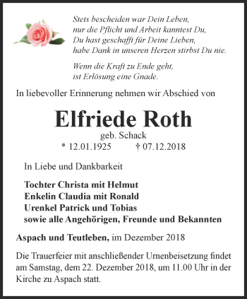 Traueranzeige von Elfriede Roth von Ostthüringer Zeitung, Thüringische Landeszeitung