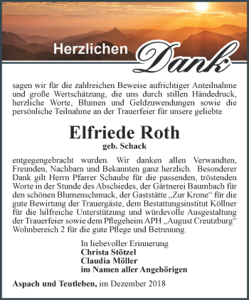 Traueranzeige von Elfriede Roth von Ostthüringer Zeitung, Thüringische Landeszeitung