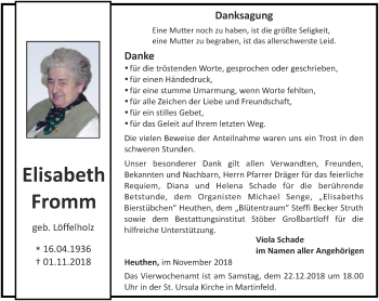 Traueranzeige von Elisabeth Fromm von Thüringer Allgemeine