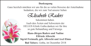 Traueranzeige von Elisabeth Raders von Ostthüringer Zeitung, Thüringische Landeszeitung