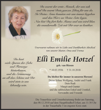 Traueranzeige von Elli Emilie Hotzel von Thüringer Allgemeine, Thüringische Landeszeitung