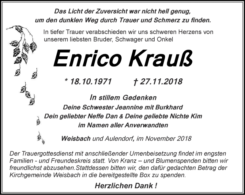  Traueranzeige für Enrico Krauß vom 05.12.2018 aus Ostthüringer Zeitung