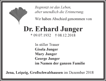 Traueranzeige von Erhard Junger von Ostthüringer Zeitung, Thüringische Landeszeitung