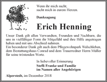 Traueranzeige von Erich Henning von Thüringer Allgemeine, Thüringische Landeszeitung