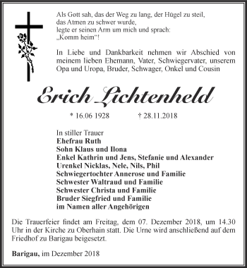 Traueranzeige von Erich Lichtenheld von Ostthüringer Zeitung