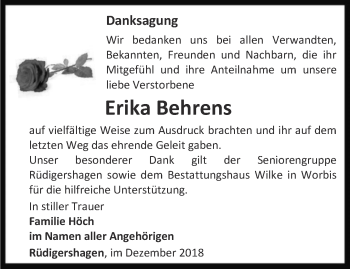 Traueranzeige von Erika Behrens von Thüringer Allgemeine