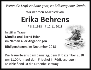 Traueranzeige von Erika Behrens von Thüringer Allgemeine