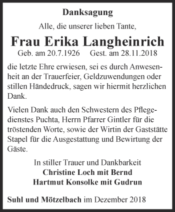 Traueranzeige von Erika Langheinrich von Ostthüringer Zeitung