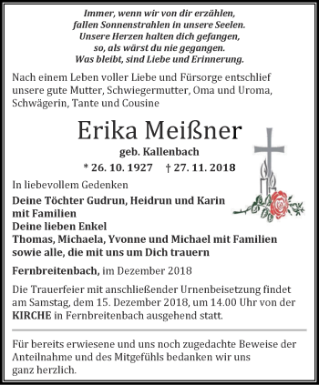 Traueranzeige von Erika Meißnerr von Thüringer Allgemeine, Thüringische Landeszeitung