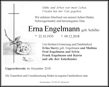 Traueranzeige von Erna Engelmann von Thüringer Allgemeine