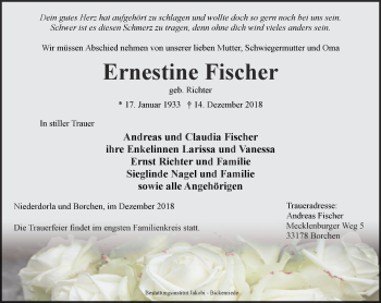 Traueranzeige von Ernestine Fischer von Thüringer Allgemeine, Thüringische Landeszeitung