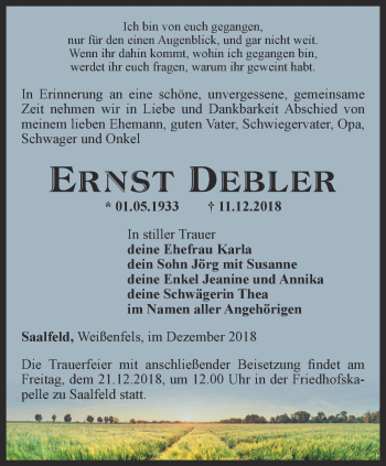 Traueranzeige von Ernst Debler