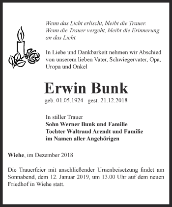 Traueranzeige von Erwin Bunk von Thüringer Allgemeine