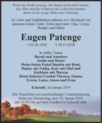 Traueranzeige von Eugen Patenge von Thüringer Allgemeine