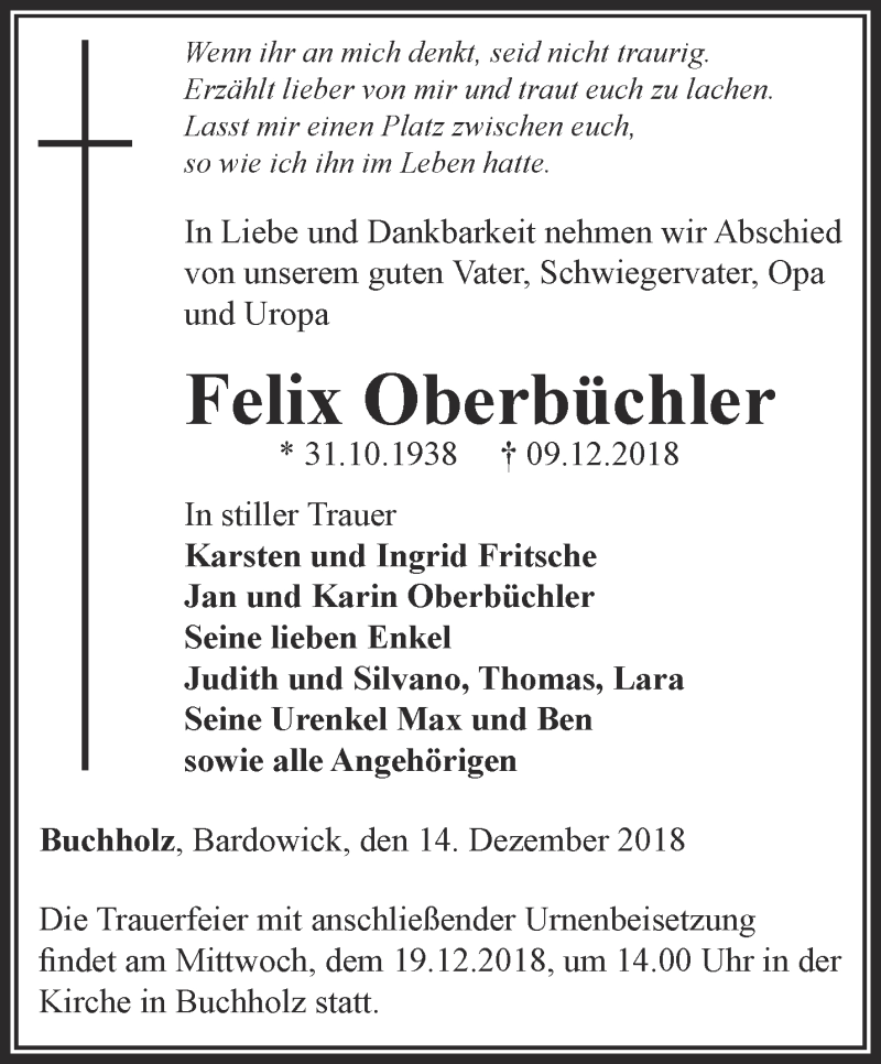  Traueranzeige für Felix Oberbüchler vom 14.12.2018 aus Thüringer Allgemeine
