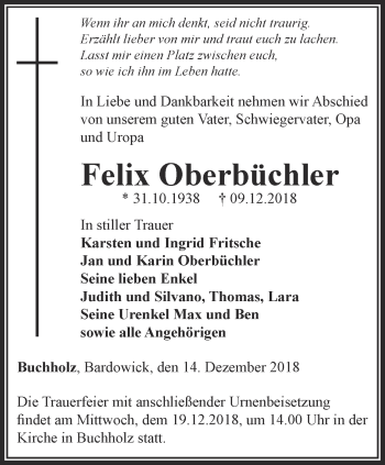 Traueranzeige von Felix Oberbüchler von Thüringer Allgemeine