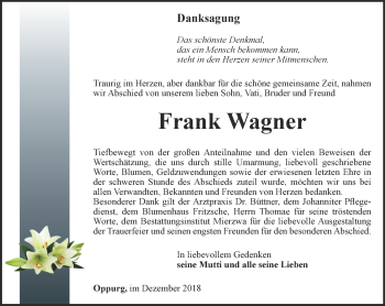 Traueranzeige von Frank Wagner von Ostthüringer Zeitung