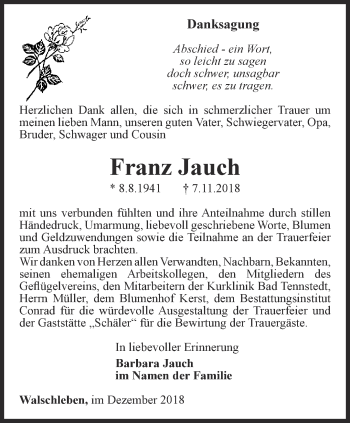 Traueranzeige von Franz Jauch von Thüringer Allgemeine, Thüringische Landeszeitung