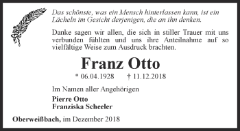 Traueranzeige von Franz Otto von Ostthüringer Zeitung