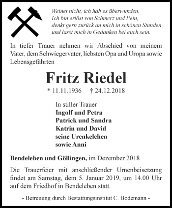 Traueranzeige von Fritz Riedel von Thüringer Allgemeine