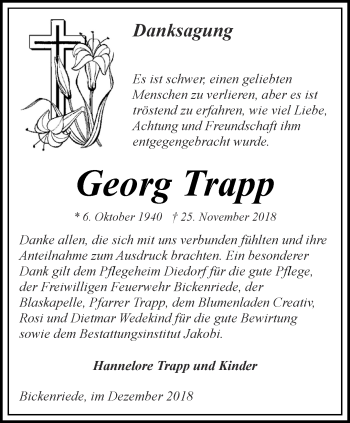 Traueranzeige von Georg Trapp von Thüringer Allgemeine, Thüringische Landeszeitung