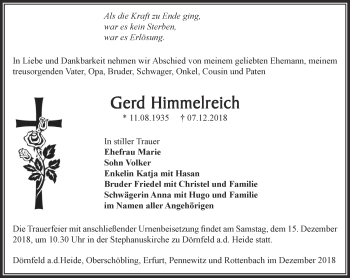 Traueranzeige von Gerd Himmelreich von Ostthüringer Zeitung
