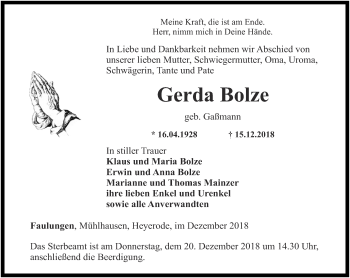 Traueranzeige von Gerda Bolze von Thüringer Allgemeine, Thüringische Landeszeitung