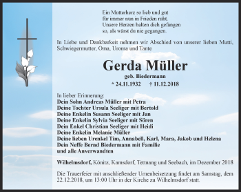 Traueranzeige von Gerda Müller von Ostthüringer Zeitung