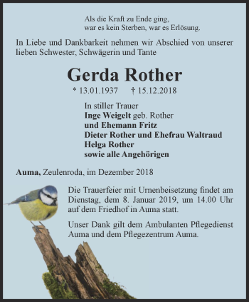 Traueranzeige von Gerda Rother von Ostthüringer Zeitung