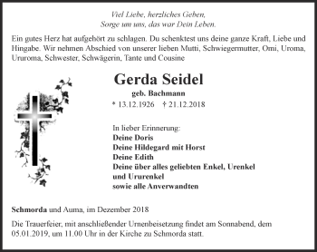 Traueranzeige von Gerda Seidel von Ostthüringer Zeitung