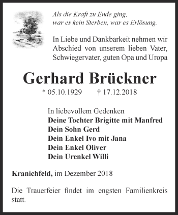 Traueranzeige von Gerhard Brückner von Thüringer Allgemeine, Thüringische Landeszeitung