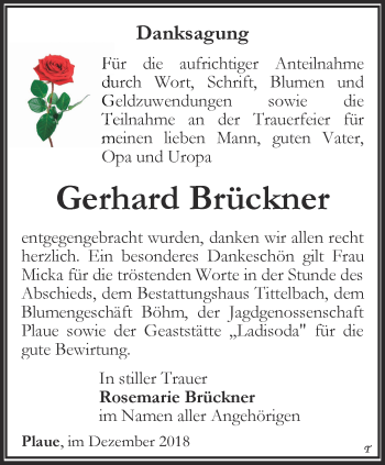 Traueranzeige von Gerhard Brückner von Thüringer Allgemeine