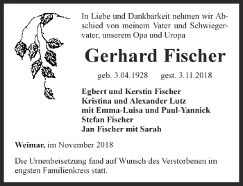 Traueranzeige von Gerhard Fischer von Thüringer Allgemeine, Thüringische Landeszeitung