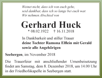 Traueranzeige von Gerhard Huck von Ostthüringer Zeitung, Thüringische Landeszeitung